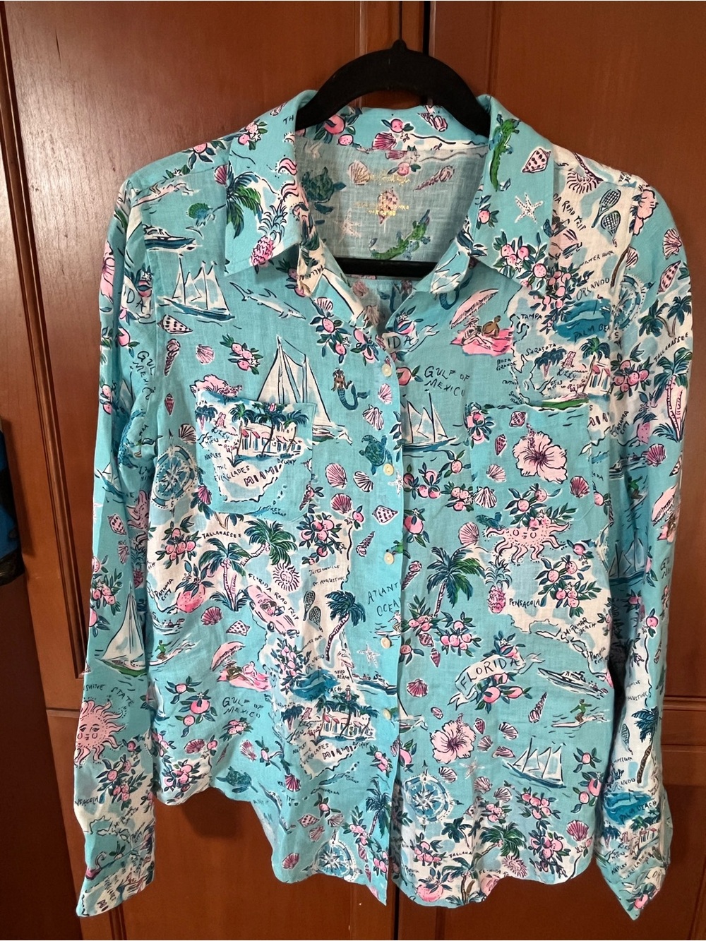 Lilly Pulitzer Florida Map 100% Linen Shirt S